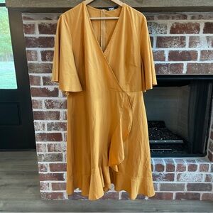 Boohoo Tuscan Gold Ruffle Wrap style dress size 16